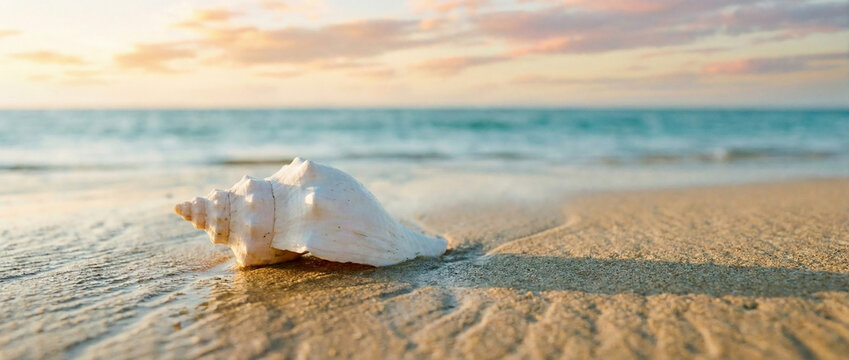 Tranquil beach scene with a single conch shell resting on the wet sand as waves gently lap the shore during a golden sunrise