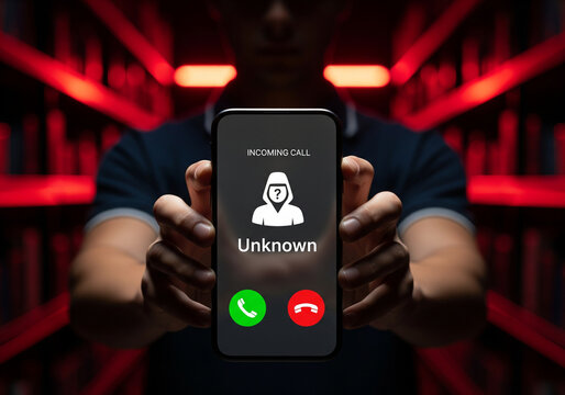 Man Holding Phone Showing Unknown Incoming Call with Hacker Icon Representing Scam, Fraud, or Cybersecurity Risk.