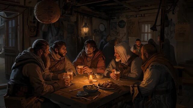 Raising mugs, 5 men in tunics cloaks after door opening, proposing toast by candle at tavern