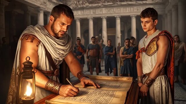 Studying ledger, scribe using stylus at lamp in columned hall, youth in red cloak watching soldiers
