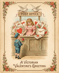 A vintage Victorian Valentine's greeting card. A little boy in a sailor suit sends a love letter at a charming post office run by a girl with doves above.