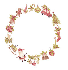 Fun Christmas wreath hand drawn with watercolor. Old style xmas illustrations for designing card, invite, logo, banner, pattern and so on