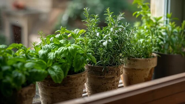 Shifting camera moving right and refocusing on wooden windowsill pots, revealing herb leaf textures