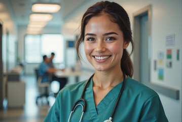 Healthcare Interpreter in Hospital Corridor – Smiling Professional Woman with Stethoscope for Medical Communication, Accessibility Services, and International Day of the Deaf Awareness