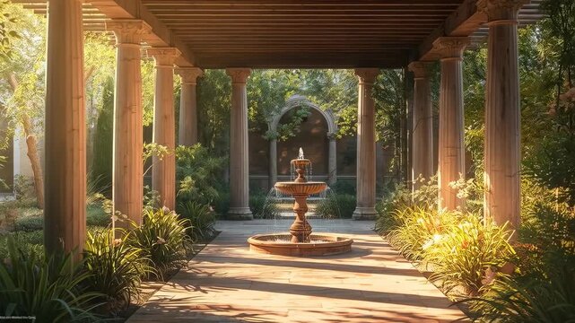 Flowing central tiered fountain sending spray in garden arcade under pergola, sunlight shifting