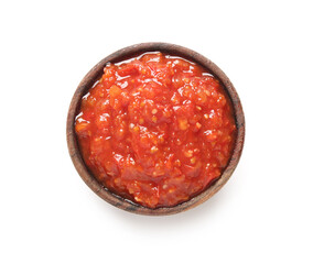 Bowl of tasty tomato sauce on white background