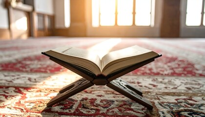 Open book on a wooden stand in a mosque, sunlight streaming from windows