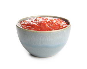 Bowl of delicious tomato sauce on white background
