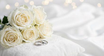 Elegant winter wedding engagement details with white roses and ring