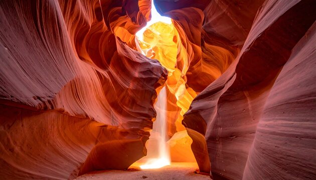 Antelope Canyon's textured, orange-red sandstone walls, highlighted by a bright beam of natural sunlight - Powered by Adobe