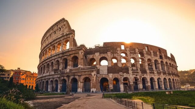 Rising sun revealing Colosseum transitioning from backlit silhouette to warm frontal light at plaza