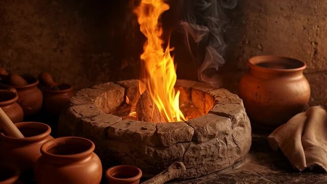 Rising orange flame stretching upward in mud hut, burning wood sending smoke past clay cooking pots