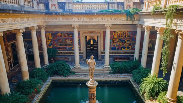 Gliding camera moving forward and downward in villa courtyard, revealing statue and reflecting pool