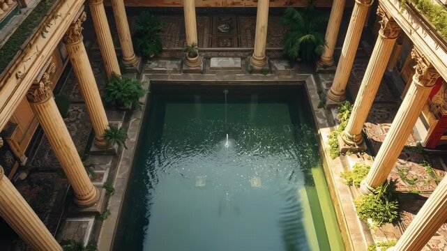 Gliding aerial camera revealing rectangular pool in classical courtyard, fountain creating ripples