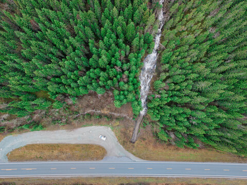 Aerial view of a road running parallel to a river cutting through a dense forest, painting a contrast between the grey asphalt and vibrant green canopy, Formofoss, Trondelag, Norway.
