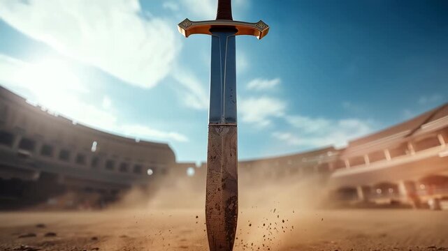 Driving sword blade into sandy arena floor, impact landing sending dust, pebbles, revealing hilt