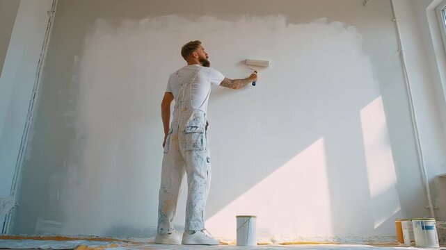 A handsome male painter rolling white paint on a wall in a bright room. Splatters on his overalls suggest a creative renovation process. Perfect for home improvement themes.
