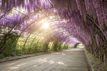 Delicate wisteria tunnel in full bloom with Spring sunlight beams filtering through