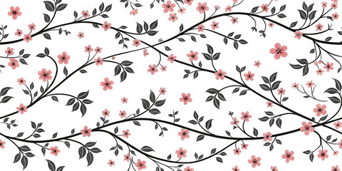 Obraz premium Delicate pink blossoms and dark green foliage on winding branches forming a beautiful floral pattern isolated on transparent background