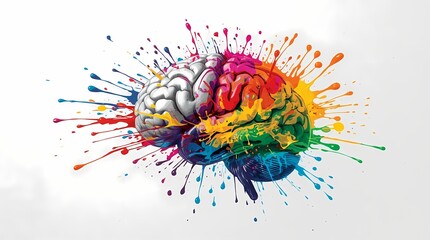 Colorful Brain Illustration with Rainbow Paint Splash — Vibrant Creativity & Imagination Concept Art for Education, Mental Health, Innovation, Posters and Marketing