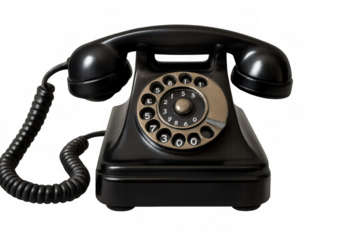 Black retro rotary phone with a dialer, symbolizing vintage communication, nostalgia, and old technology on transparent background