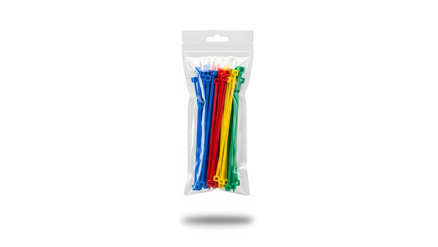 Colorful Cable Ties: A bundle of colorful cable ties neatly packaged in a transparent bag, a vivid display of organizational tools, ready for use.