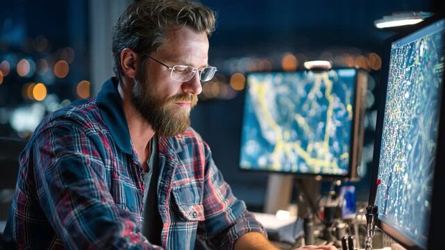 A handsome male petroleum engineer assesses drilling data inside a command cabin during evening operations at an oilfield, showcasing the intricacies of oil extraction technology.