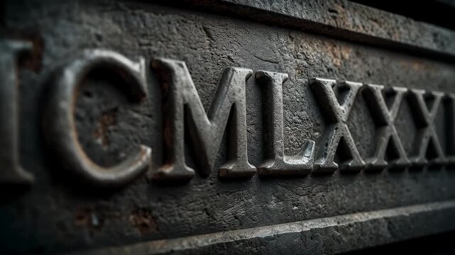 Low-left camera gliding right and shifting focus over raised metal plaque to reveal MCMLXXXIII