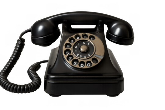 Black retro rotary phone with a dialer, symbolizing vintage communication, nostalgia, and old technology on transparent background - Powered by Adobe