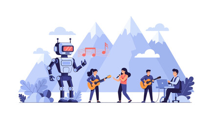 Naklejka premium Robot and Musicians Performing Together in Nature.