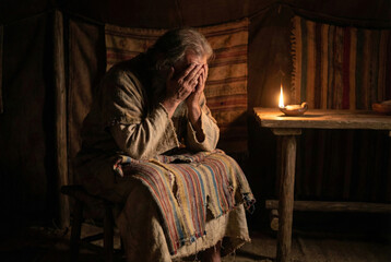 Jacob’s Grief for Joseph. Jacob Mourning Over Joseph’s Colorful Garment in a Lamplit Tent