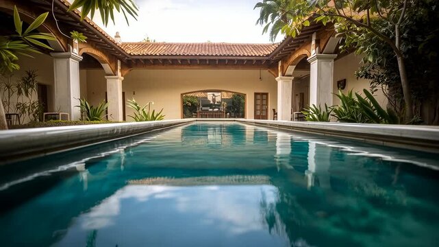 Rising camera revealing turquoise pool water in villa courtyard showing arched doorway, tiled roof