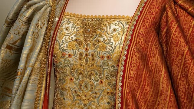 Zooming camera on female sitter revealing ornate bodice in studio showing gold choker, brocade cuff