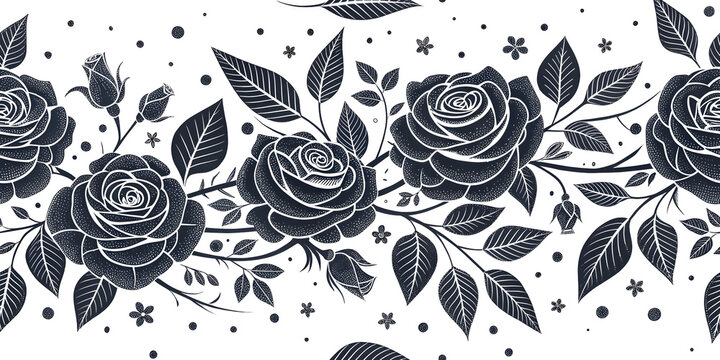 Elegant monochrome rose floral pattern featuring white outlines and dark leaves isolated on transparent background