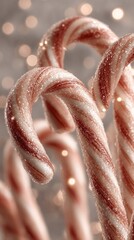 Close-up macro view of frosted candy canes glistening with crystalline sugar under warm festive lights, creating a sweet Christmas aesthetic perfect for holiday branding and seasonal product visuals