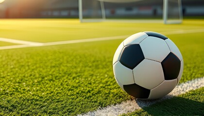 close-up of a soccer ball on the grass near the sideline of a stadium field, illuminated by warm sunlight, perfect for sports themes and football design