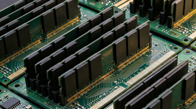 Close-up Macro Shot of Computer RAM Modules | Digital Memory Chips on Green Circuit Board | Technology Hardware and Computing Concept