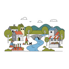 Naklejka premium Picturesque Village Scene with River and People.