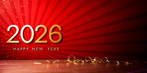 A sophisticated, ultra-luxurious New Year’s Eve banner set against a deep matte red background creating a dramatic spotlight effect; prominently displayed ‘2026’ with ‘HAPPY NEW YEAR’.