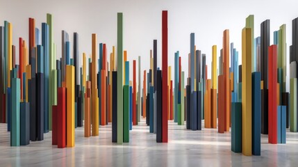 Abstract 3d visualization of colorful vertical bars resembling a modern cityscape or dynamic financial data graph.