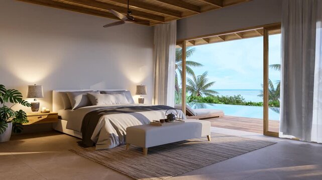 3D animation render of a tropical luxury bedroom with ocean view deck, infinity pool, and elegant natural accents.