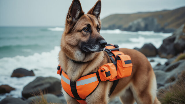 Rescue Dog in Safety Vest - German Shepherd on Rocky Coastline for Emergency Response Teams, Maritime Search Operations, and Coast Guard Day Celebrations - Powered by Adobe