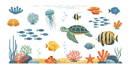 Obraz premium Underwater Scene with Diverse Marine Life and Coral Reefs.