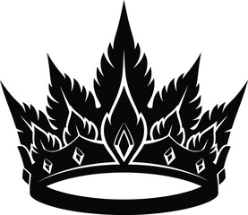 Black silhouette of a regal crown with ornate pointed spikes and gemstone details on a white background