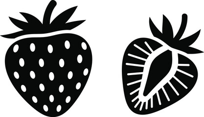 Strawberry illustration whole and half black and white graphic design