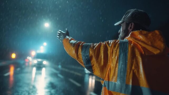 Handsome Male Worker Directing Traffic in the Rain