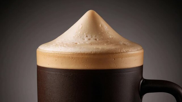 Recording cone foam settling atop dark mug with right handle in studio, showing tiny bubbles, drops