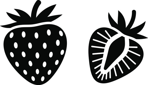 Strawberry illustration whole and half black and white graphic design