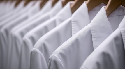 Row of crisp white professional shirts hanging neatly on wooden hangers, emphasizing uniformity, readiness, and organization.