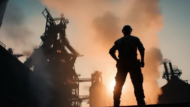 Handsome Male Worker Silhouetted Against a Blast Furnace